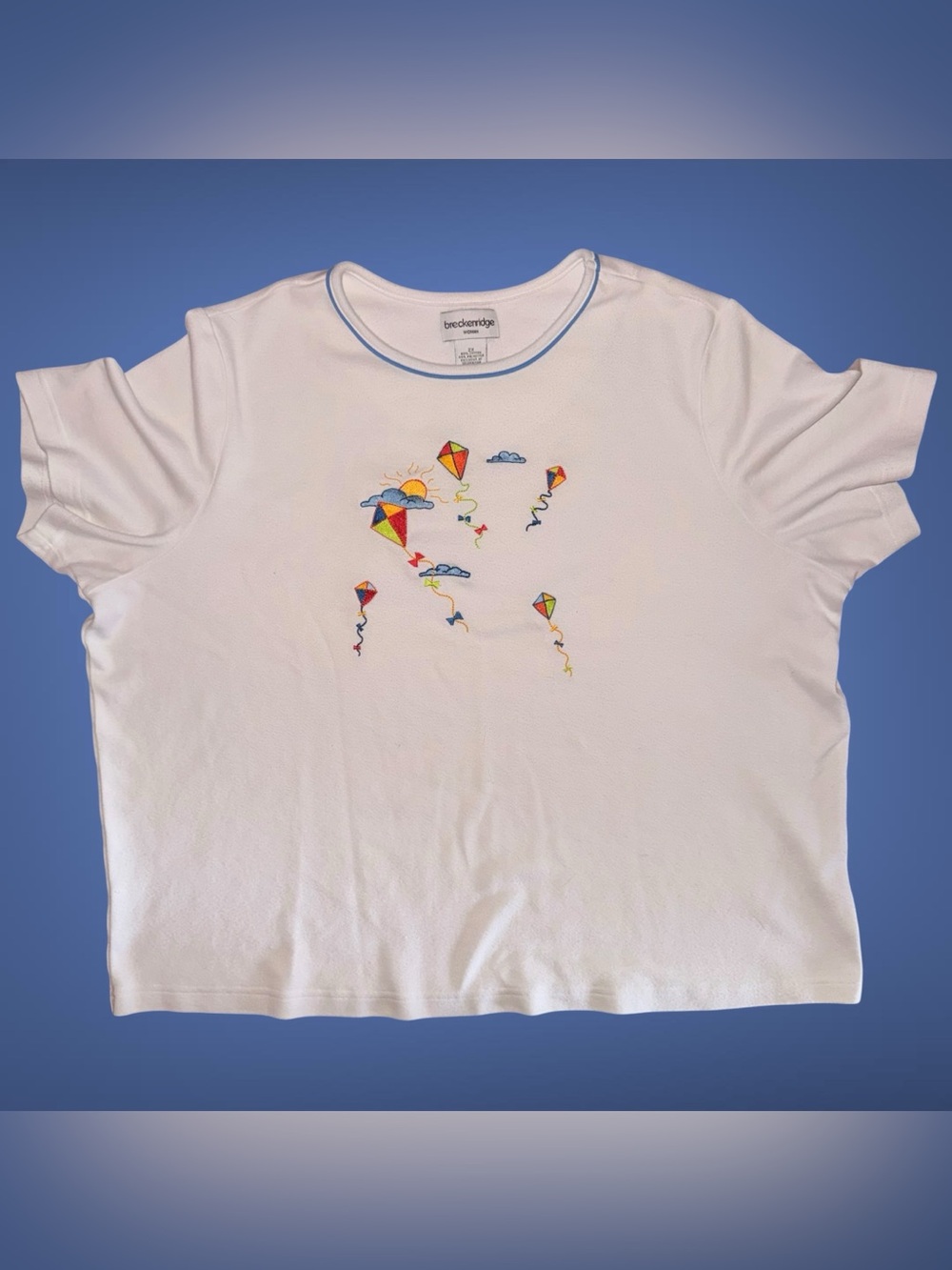 Vintage 90s Breckenridge Woman 2X White Embroidered Kites Short Sleeve Top